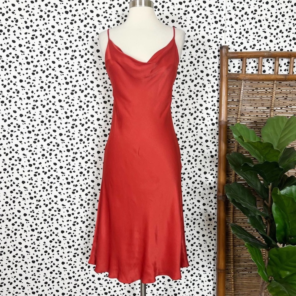 LOFT | Rust Orange Draped Cowl Neck Slinky Satin Fall Autumn Midi Slip Dress 2